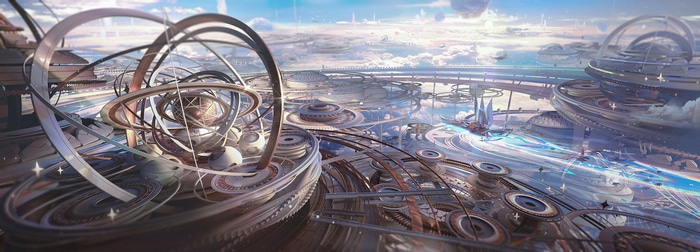 Fantasy city with celestial orrery and futuristic architecture