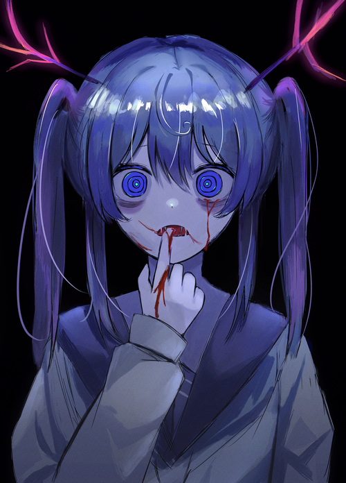 Girl with blue pigtails and blood