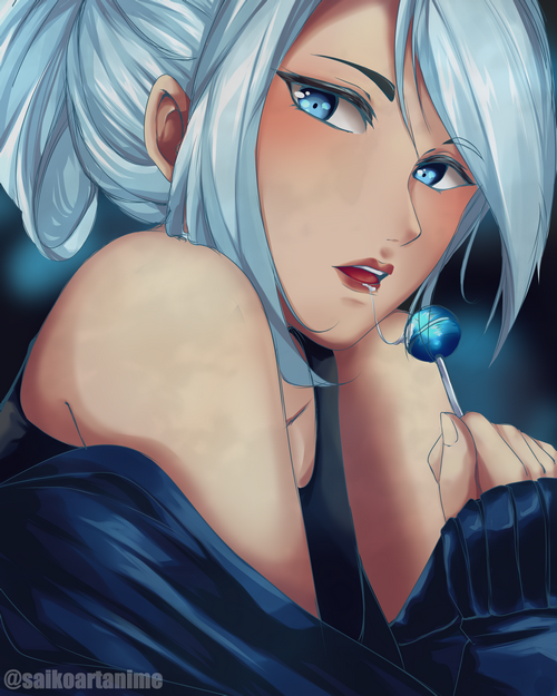 Jett from Valorant with a lollipop
