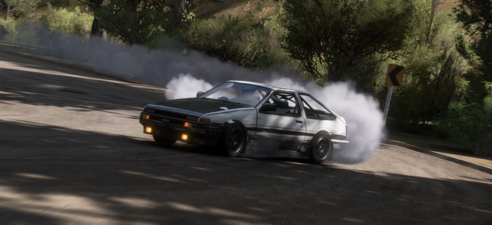 Toyota AE86 drifting on a mountain road in Forza Horizon 5