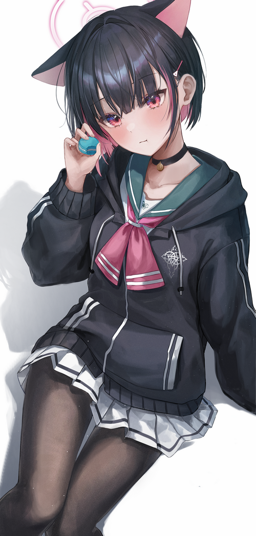Cat Girl Holding a Macaron with Blue Archive Uniform