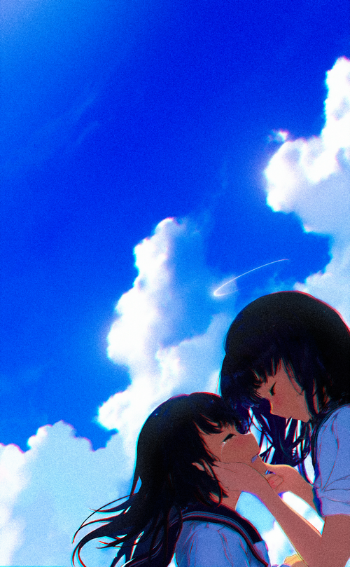 Two girls in school uniforms under a cloudy sky