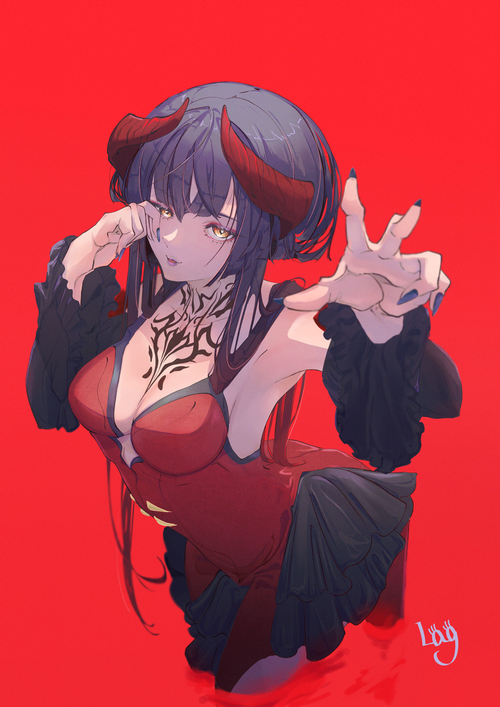 Eliza from Tekken with red horns and tattoos