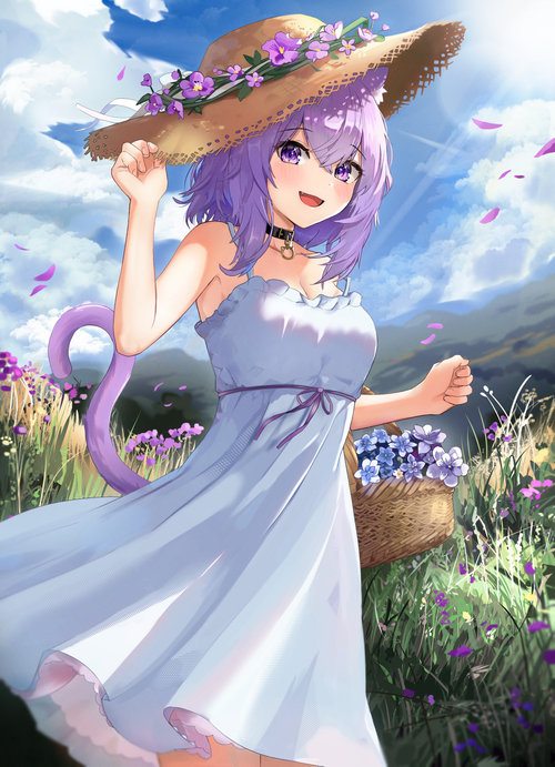Nekomata Okayu in a straw hat with flowers