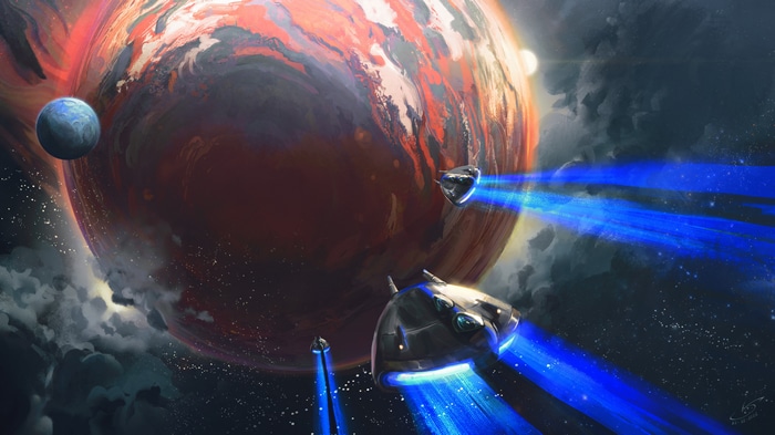 Spaceships near a large planet in space art