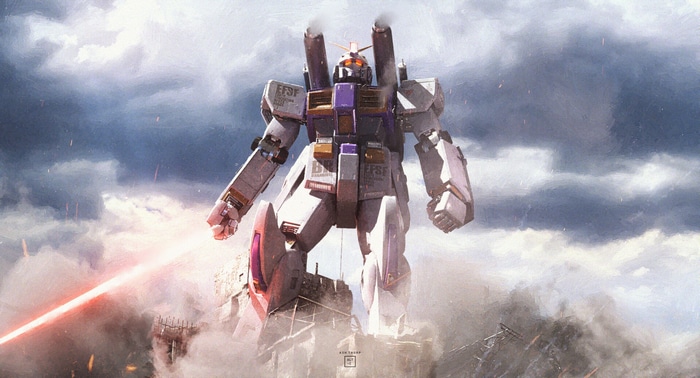 Gundam robot firing a laser beam in a cloudy sky