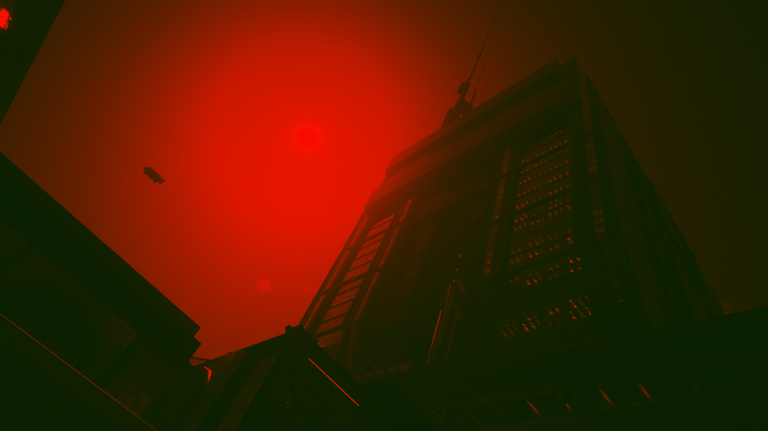 Cyberpunk 2077 worm's eye view of a skyscraper