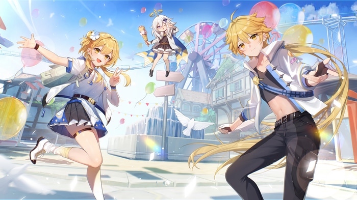 Genshin Impact: Aether, Lumine, and Paimon at a Festival
