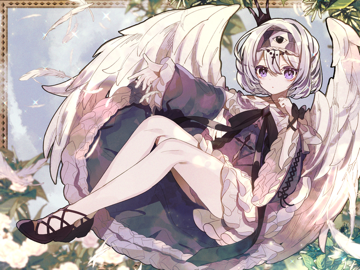 Angel with white hair and purple eyes