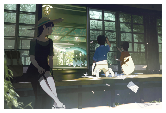Anime children drawing on a window with a dragon outside