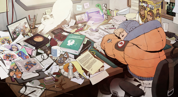 Wattson sleeping at a messy desk with a cat