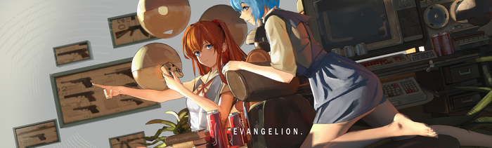 Asuka and Rei from Evangelion in a room