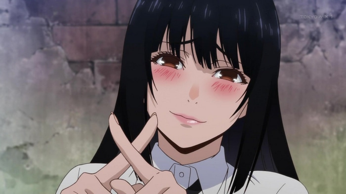 Yumeko Jabami blushing in Kakegurui anime screenshot