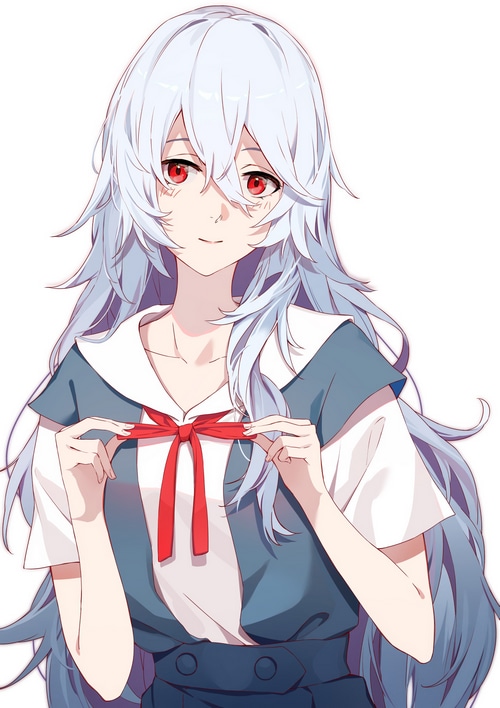 Ayanami Rei from Neon Genesis Evangelion in a school uniform
