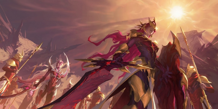 Leona and her soldiers in a fantasy landscape