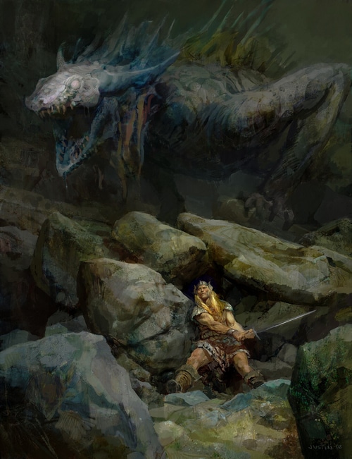 A warrior confronts a dragon in a rocky cave