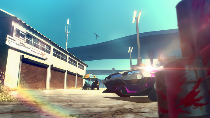 Cyberpunk: Edgerunners screenshot with car and building