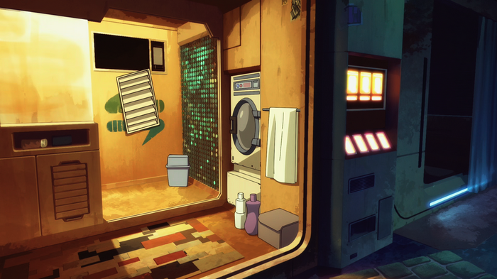 Cyberpunk: Edgerunners laundry room with washing machine