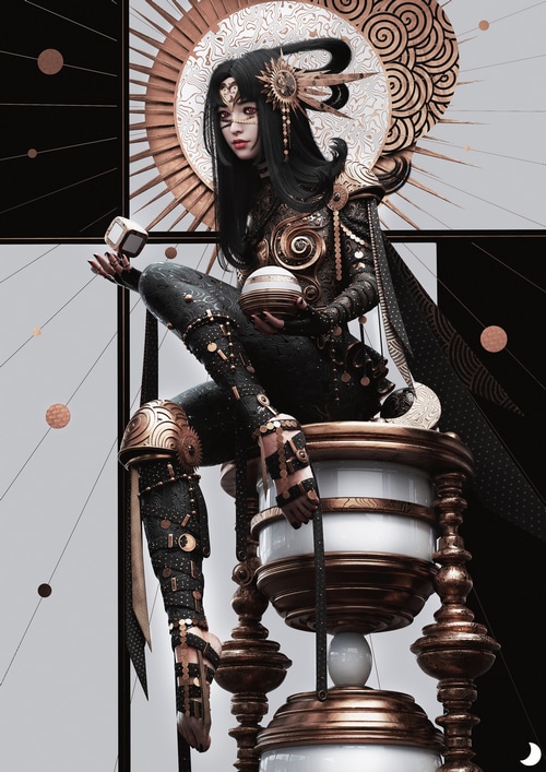 Mechanical Doll with Hourglass and Orbs
