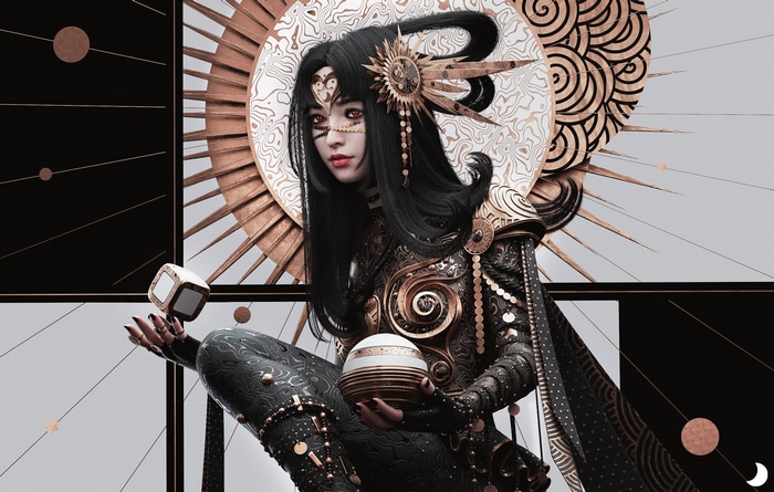Woman with dark hair and gold armor holding spheres
