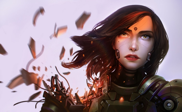Cyborg woman with dark hair and armor