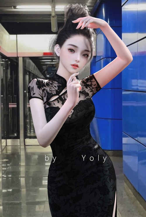 Yoly in a black lace cheongsam dress