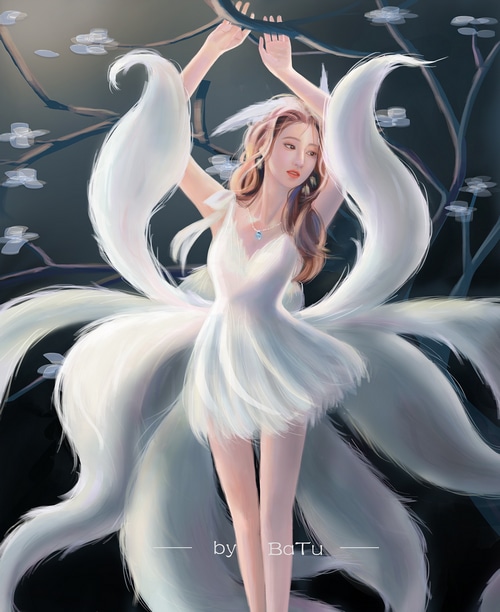A fox girl with nine tails and a white dress