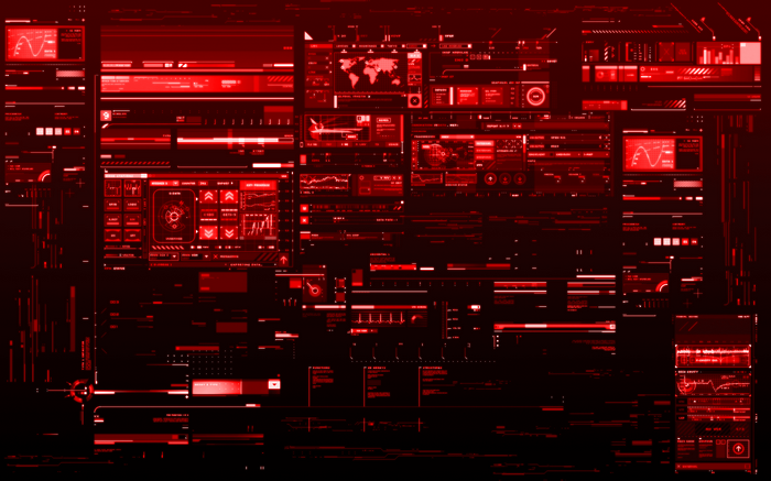 Red digital screens with data and graphs