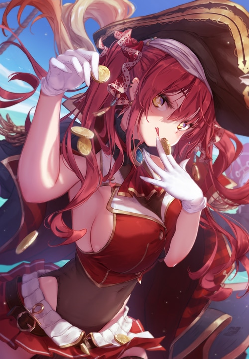Houshou Marine with Coins and Pirate Hat
