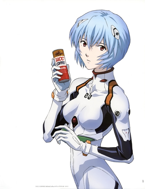 Rei Ayanami holding a UCC Coffee can