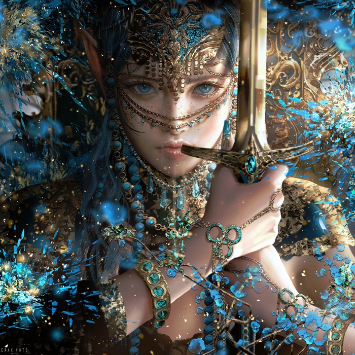 Fantasy girl with blue eyes and sword by Erak Note