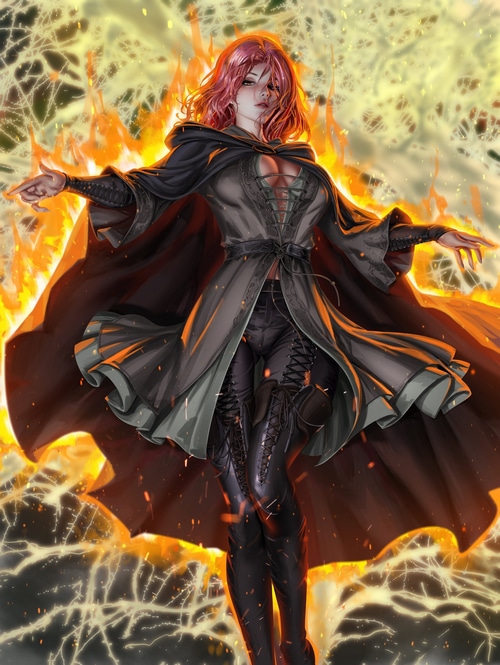 Melina from Elden Ring surrounded by fire