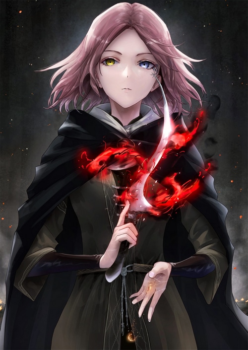 Melina from Elden Ring with a fiery sword
