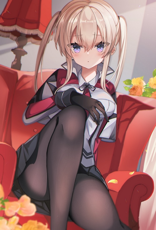 Graf Zeppelin with twintails sitting on a red couch