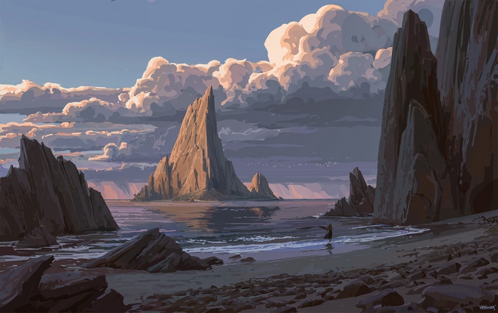 Rocky coast with dramatic clouds at sunset
