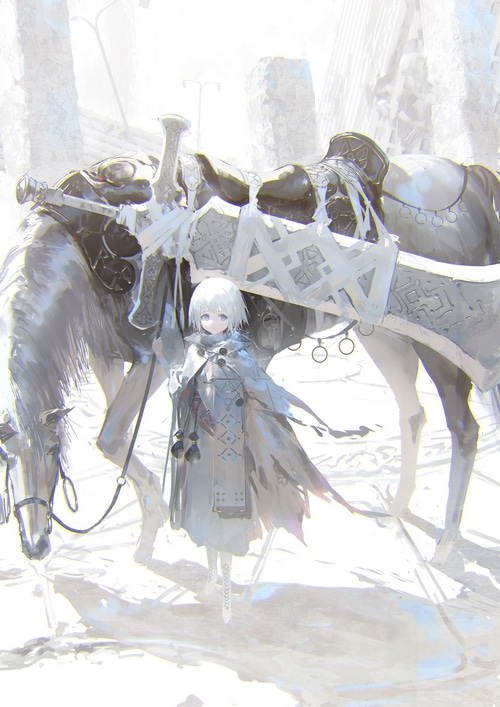 Anime girl with white hair and a horse