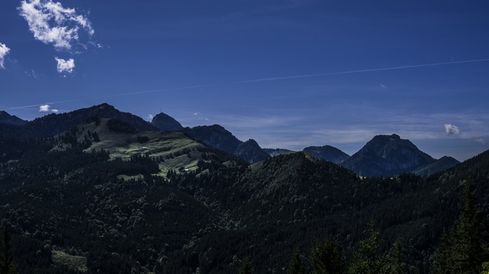 4K wide angle landscape of mountains and forest