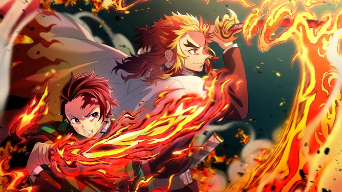 4K anime boys Kamado Tanjiro and Rengoku Kyoujurou with fire swords