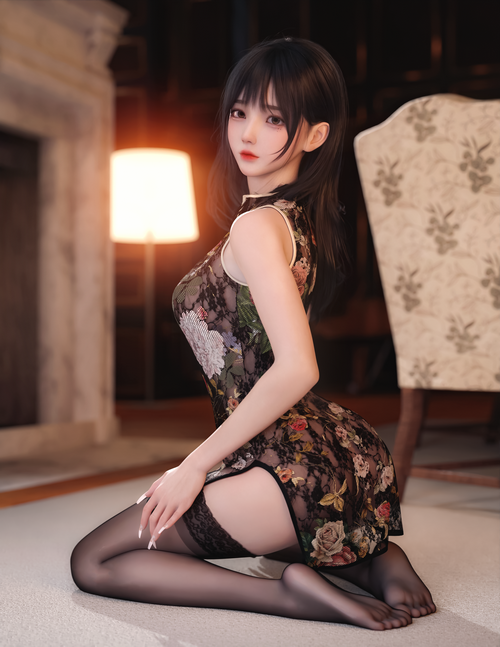 Asian woman in Chinese dress and black stockings