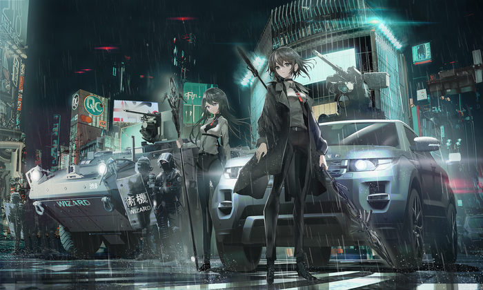 Two girls and police vehicles in a rainy city