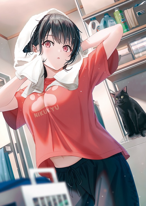 Anime girl with black hair and a black cat