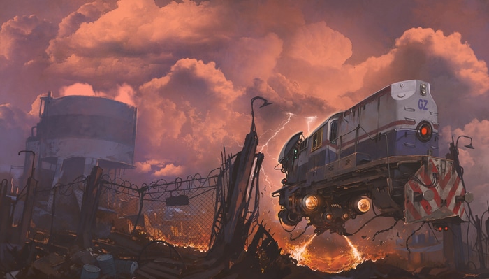 Futuristic train in a post-apocalyptic landscape