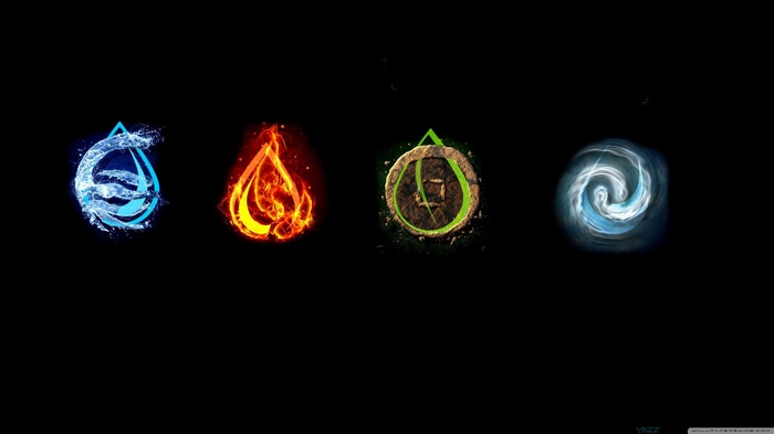 Avatar: The Last Airbender elemental symbols on black background