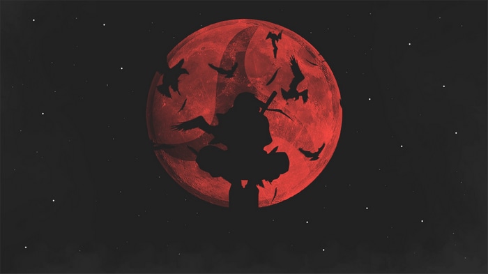 Itachi Uchiha Silhouette with Sharingan Moon and Ravens