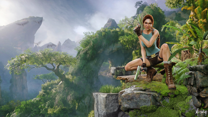 Lara Croft with guns in a jungle