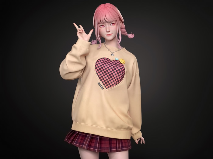 Chen Chen with pink hair and plaid skirt