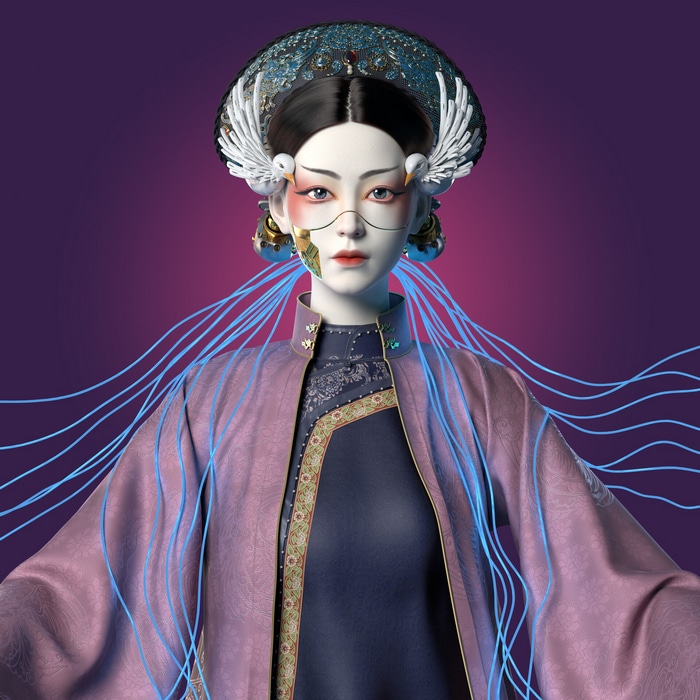 Asian cyborg woman with elaborate headdress and pink robe