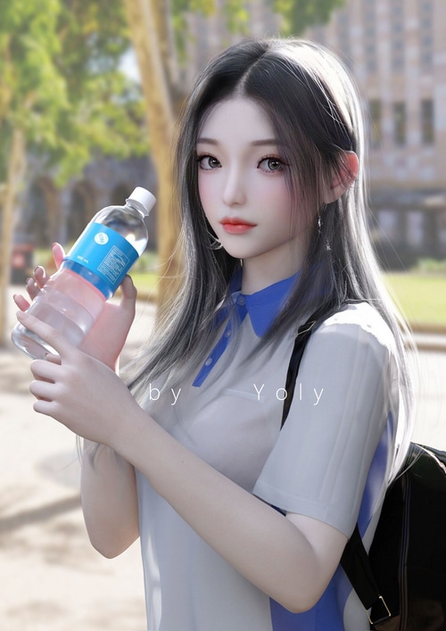 Asian schoolgirl holding a water bottle
