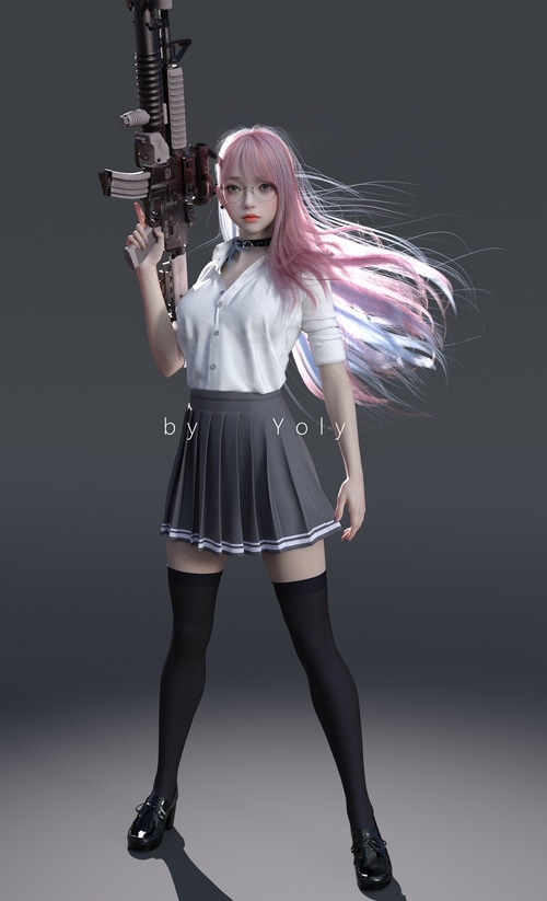 Girl with pink hair holding a rifle