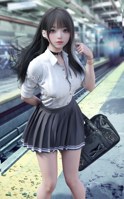 Schoolgirl Yoly at a Train Station